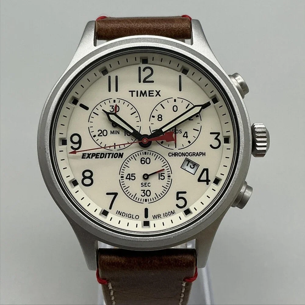 Timex Expedition TW4B04300 Mens Watch 42mm Cream Dial Chronograph New Battery